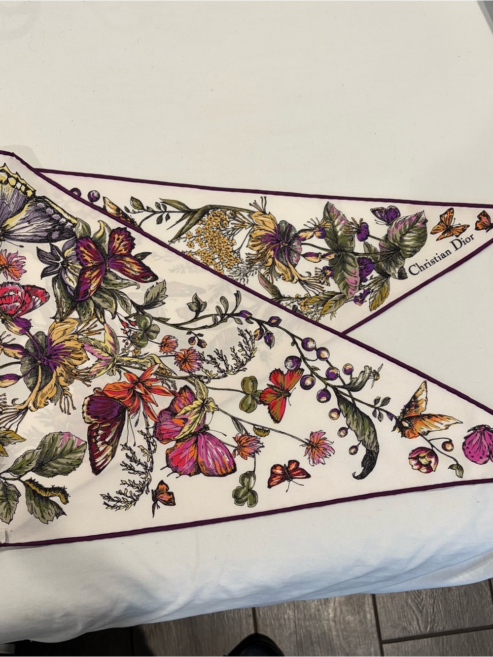 Dior Multicolor Floral Silk Scarf with Purple Trim